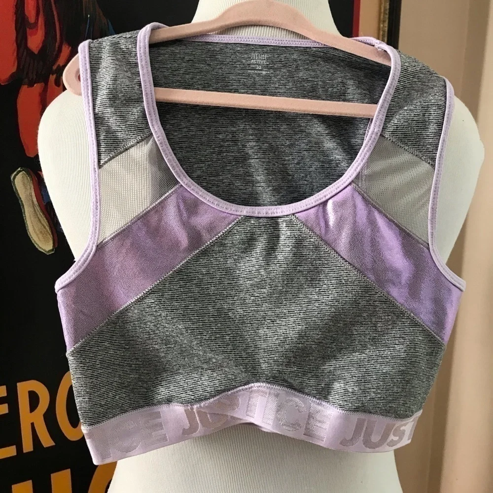 Justice: Heathered Gray Stripes Shiny Purple Bra